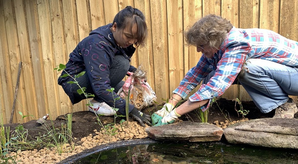 Two people planting